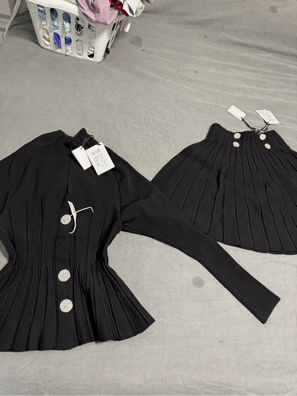 Balmain Black Pleated Knit Jacket & Skirt Set